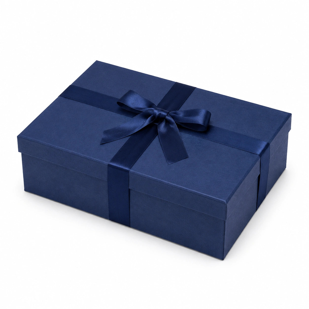 Boîte cadeau 30 x 20 x 10 cm en carton bleu marine avec ruban satin fermeture à nœud