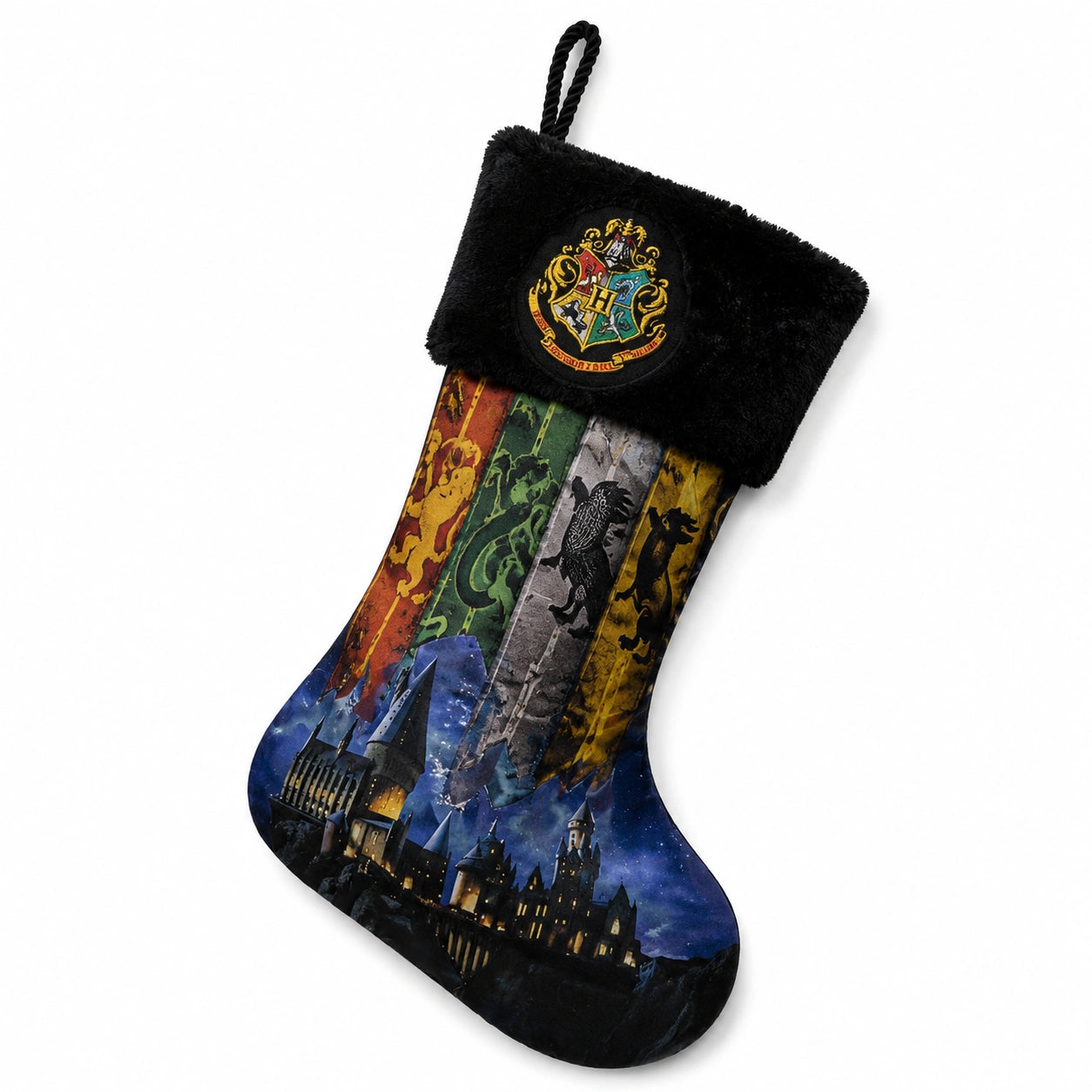 Chaussette de Noël 48 cm en polyester noir multicolore à suspendre motif château fantastique