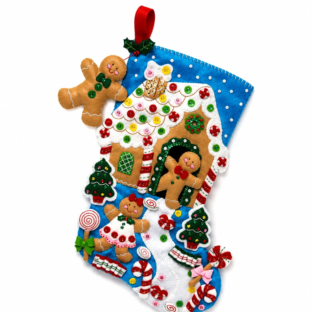 Chaussette de Noël 45 x 28 cm en feutrine bleu rouge et blanc décorative à suspendre