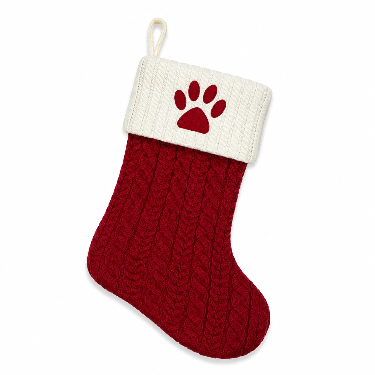 Chaussette décorative à suspendre 45 x 28 cm en maille rouge et blanc motif patte