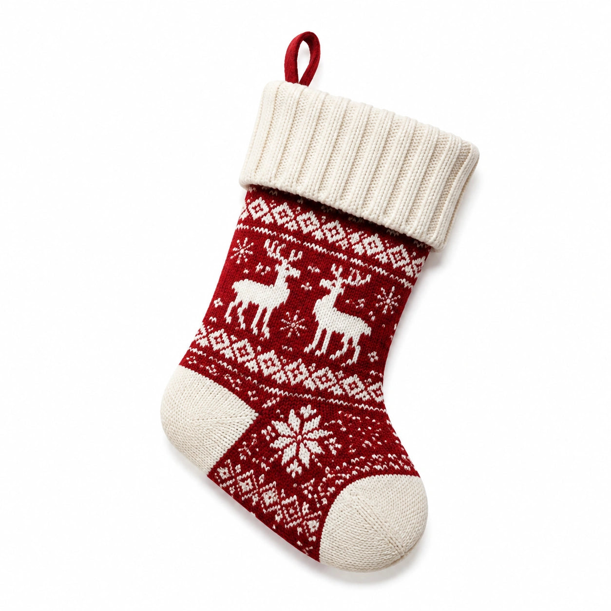 Chaussette de Noël 45 x 25 cm en tricot rouge et blanc à suspendre motif renne
