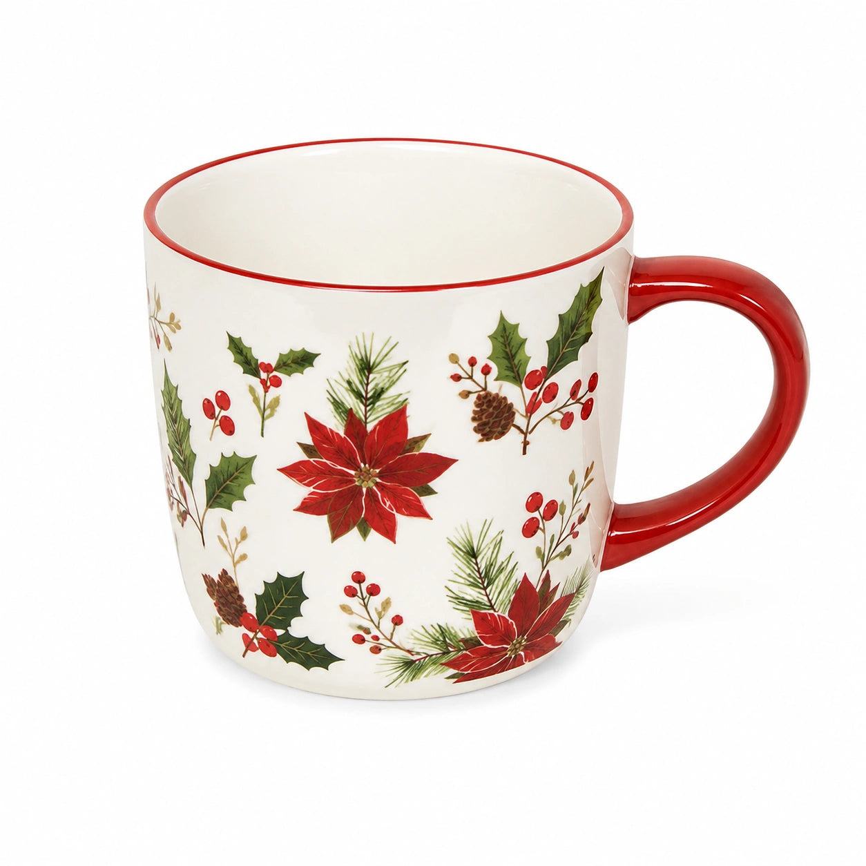 Mug en céramique 0.45 L blanc et rouge à motif floral festif