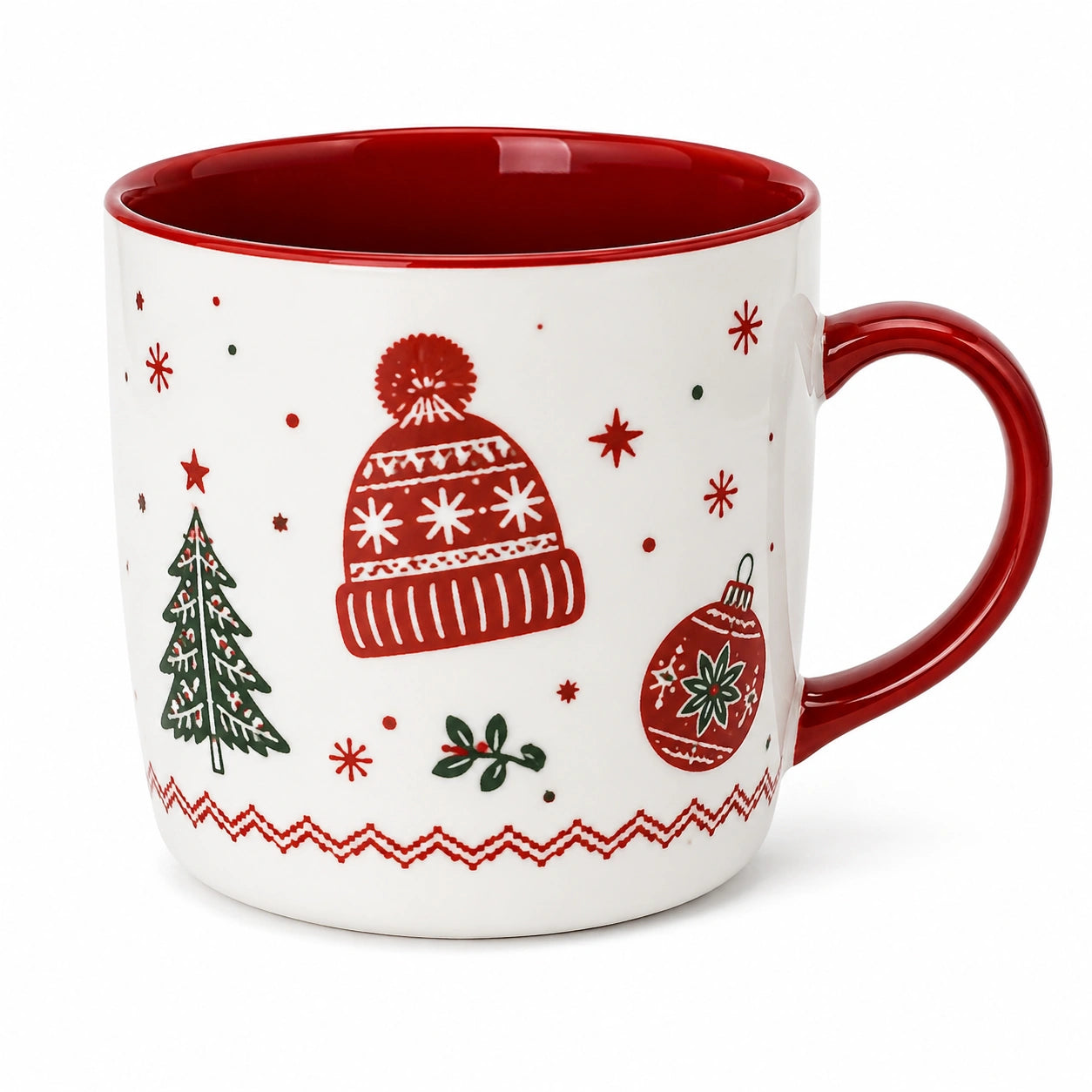 Mug 0.45 L en céramique blanc rouge et vert à décor hivernal avec anse