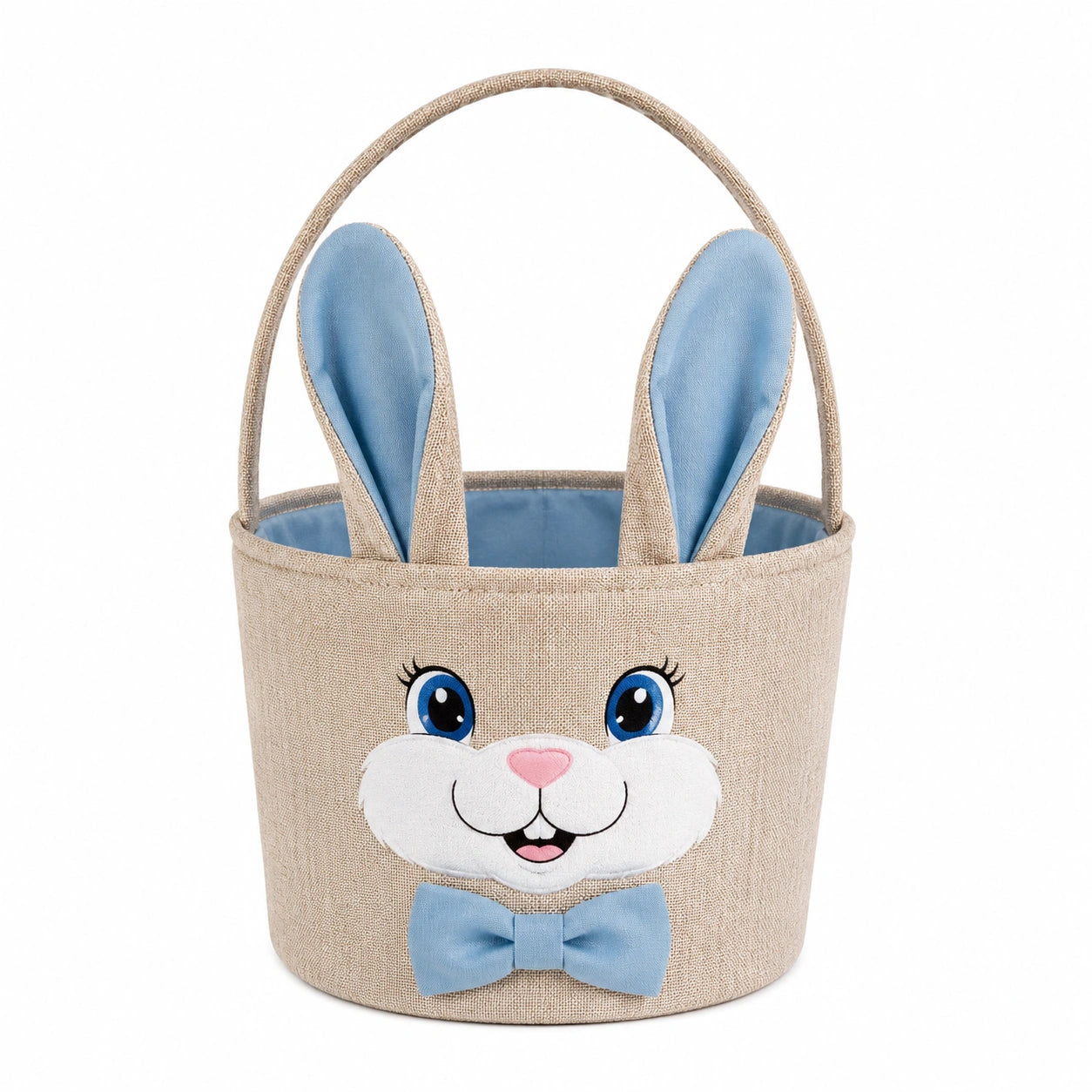 Panier de rangement rond 24 cm en tissu beige et bleu à motif lapin avec anse souple