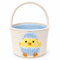 Panier de rangement rond 25 cm en corde textile blanc bleu avec poignée motif poussin