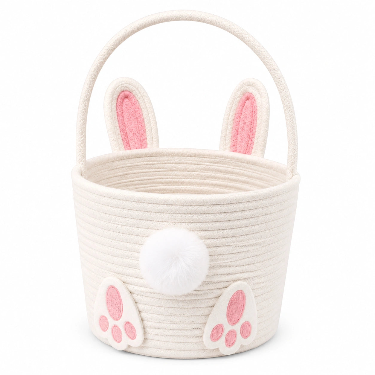 Panier de rangement rond 28 cm en coton blanc rose motif lapin avec poignée