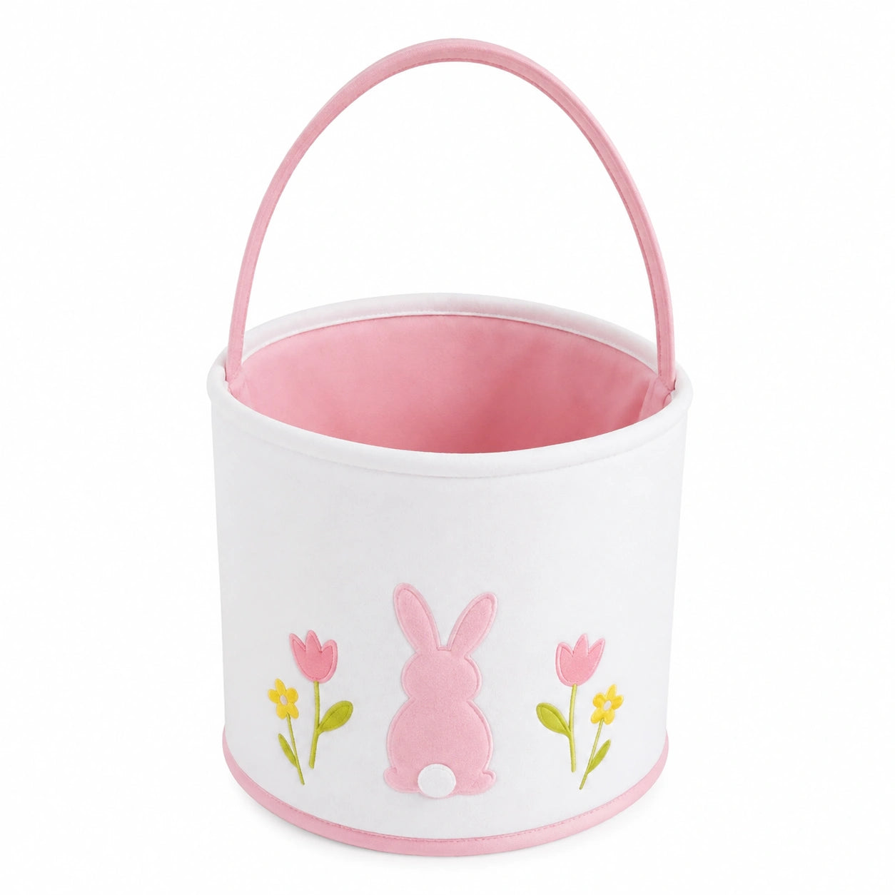 Panier de rangement rond 30 x 25 cm en tissu blanc rose à poignée motif lapin
