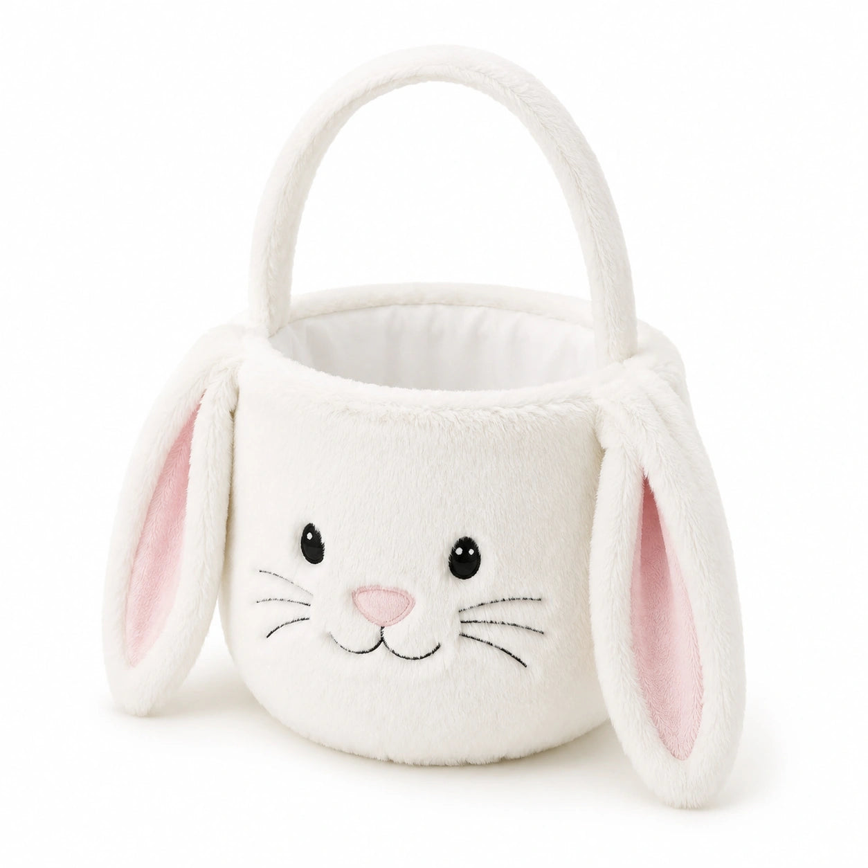 Panier de rangement rond 25 x 22 cm en tissu peluche blanc rose à motif lapin avec anse