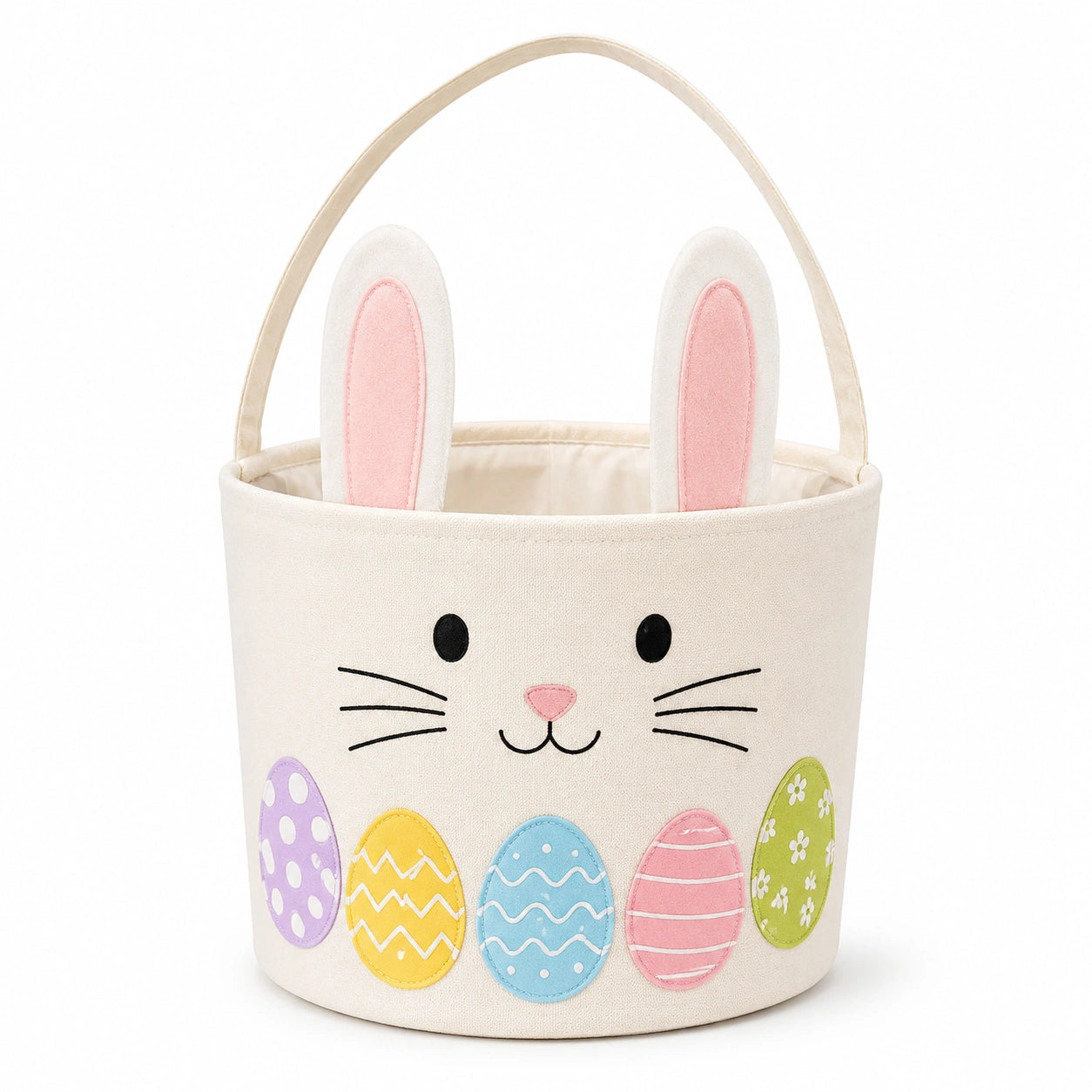 Panier de rangement rond 30 cm en tissu écru motif lapin et œufs décoratifs avec anse