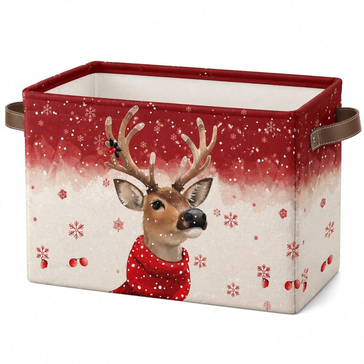 Boîte de rangement 40 x 30 x 30 cm en tissu rouge et beige à poignées motif renne hivernal