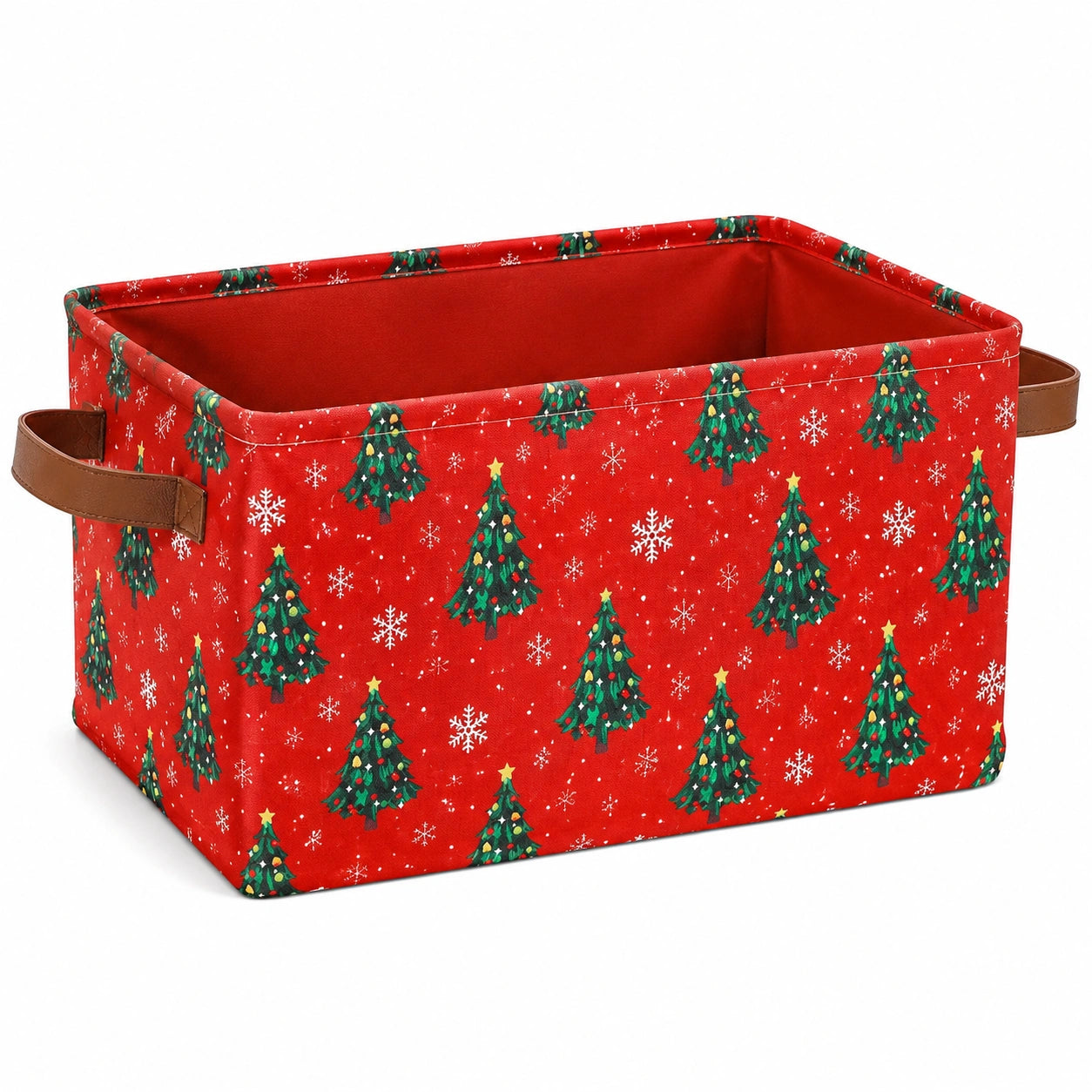 Boîte de rangement 38 x 26 x 25 cm en tissu rouge motif sapins avec poignées style festif