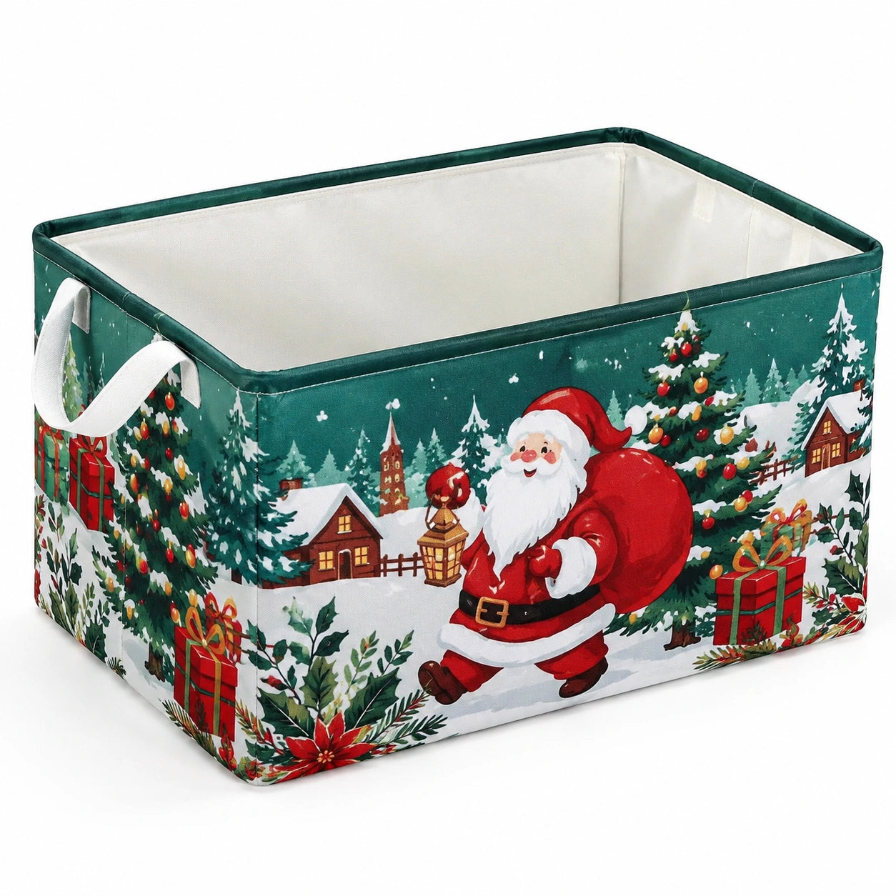 Boîte de rangement pliable 38 x 28 x 28 cm en tissu vert motif hivernal avec poignées