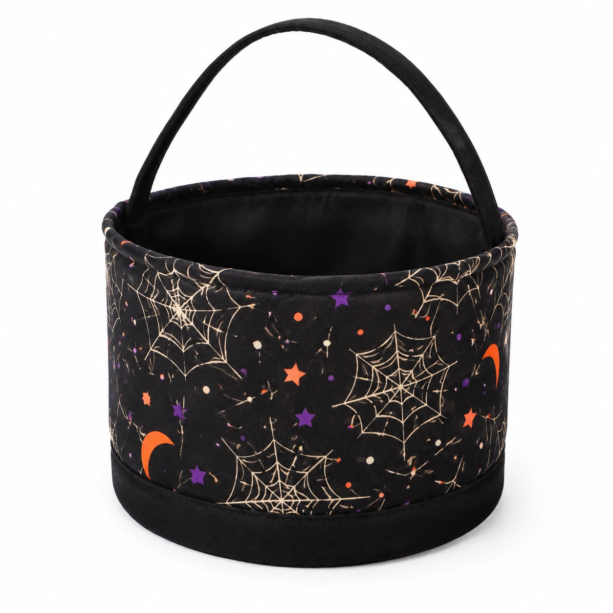 Panier de rangement rond 30 cm en tissu noir à motif toile d araignée avec poignée