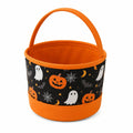 Panier de rangement rond diamètre 30 cm hauteur 25 cm en tissu orange et noir pour friandises Halloween avec anse