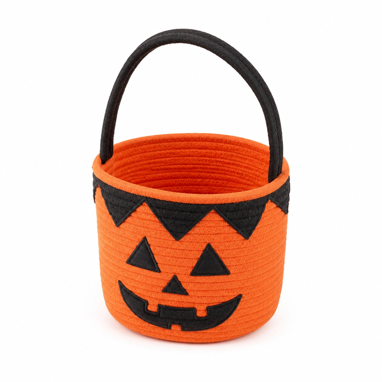 Panier de rangement rond 20 cm textile tressé orange noir motif citrouille avec poignée