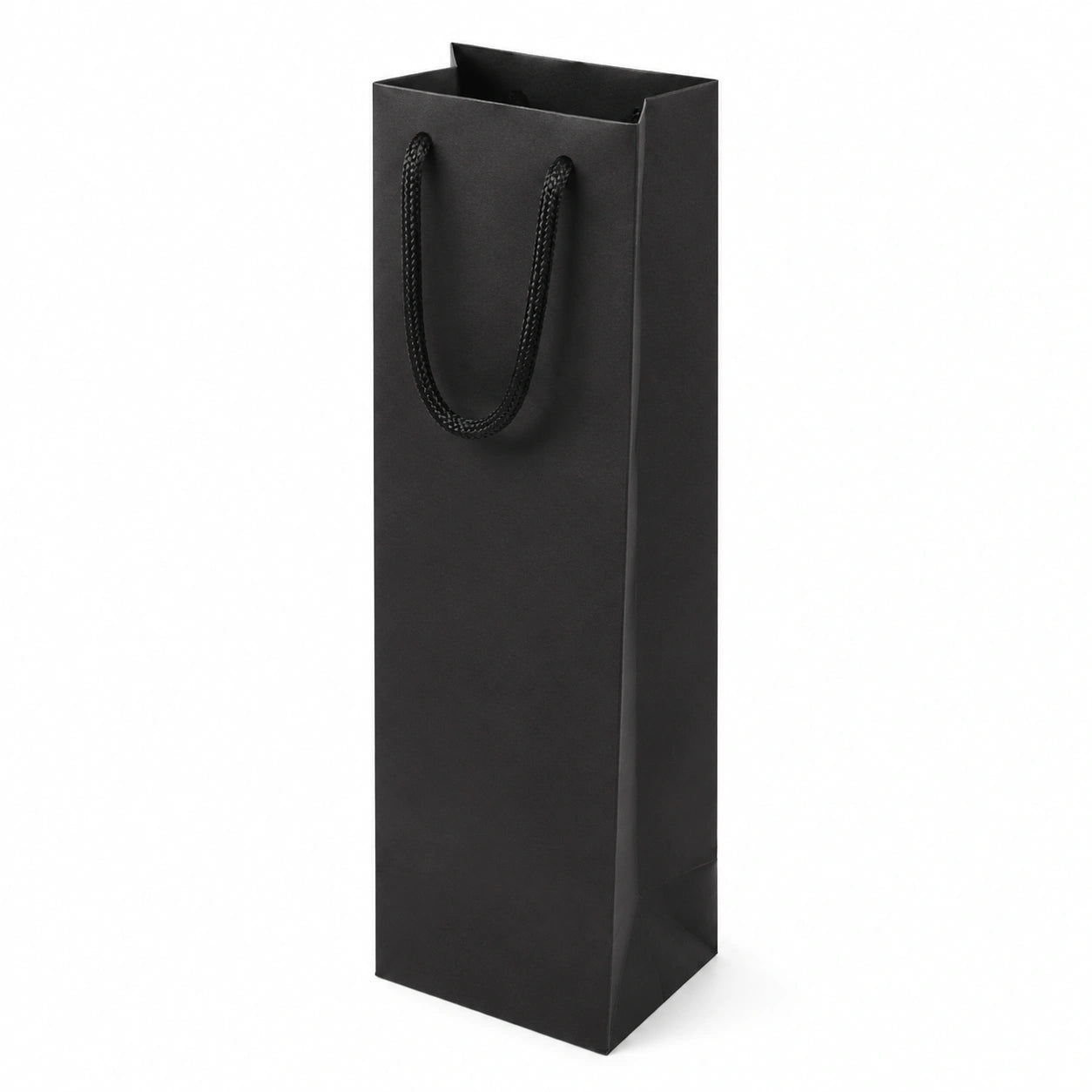 Sac cadeau pour bouteille 12 x 9 x 36 cm en papier noir avec poignées en corde style sobre
