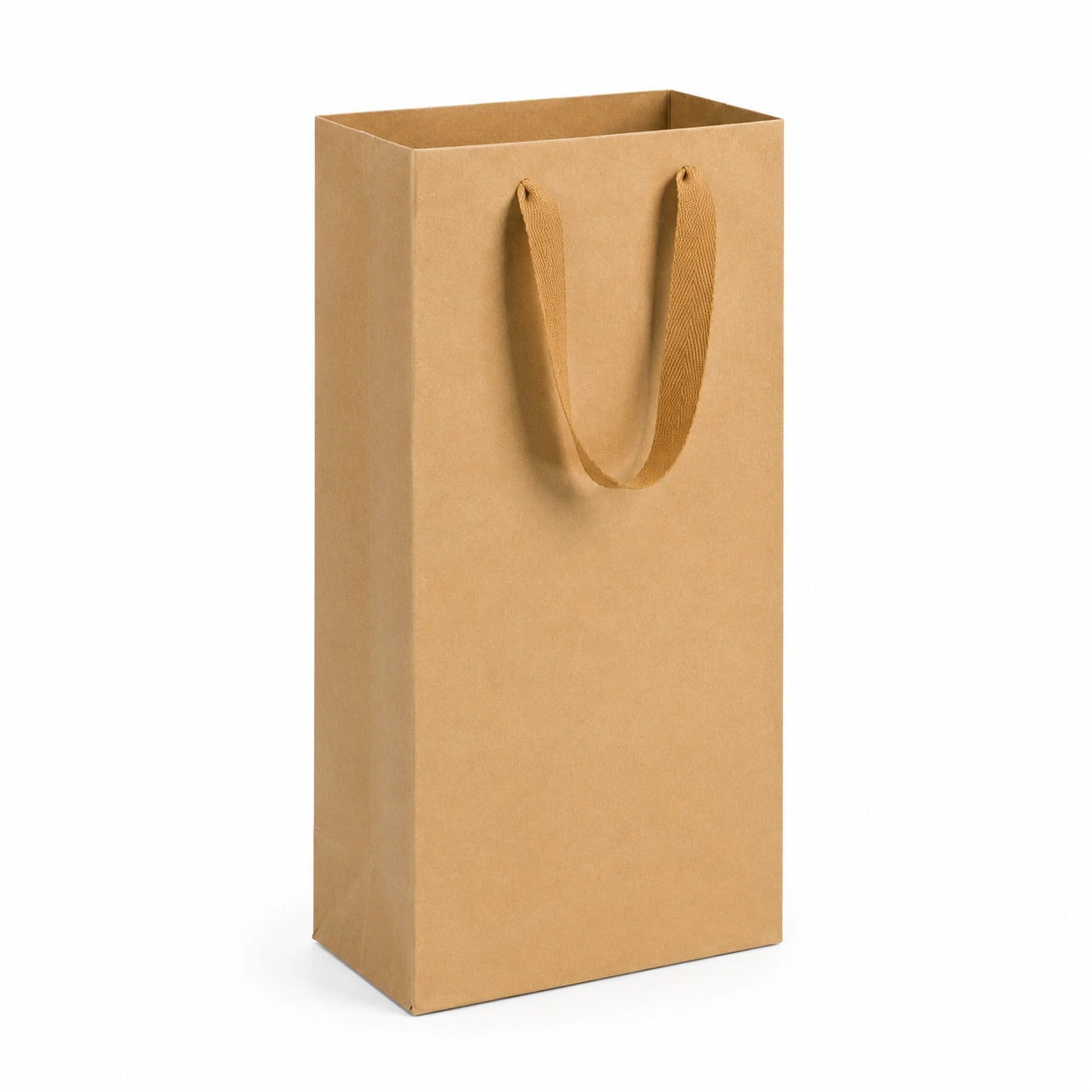 Sac cadeau 12 x 9 x 35 cm en papier kraft marron à poignées textiles - emballage bouteille minimaliste