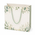 Sac cadeau en papier 26 x 12 x 32 cm blanc et vert à motif végétal avec anses torsadées