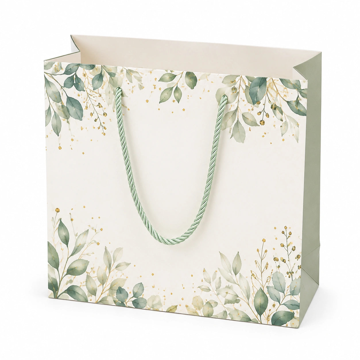 Sac cadeau en papier 26 x 12 x 32 cm blanc et vert à motif végétal avec anses torsadées
