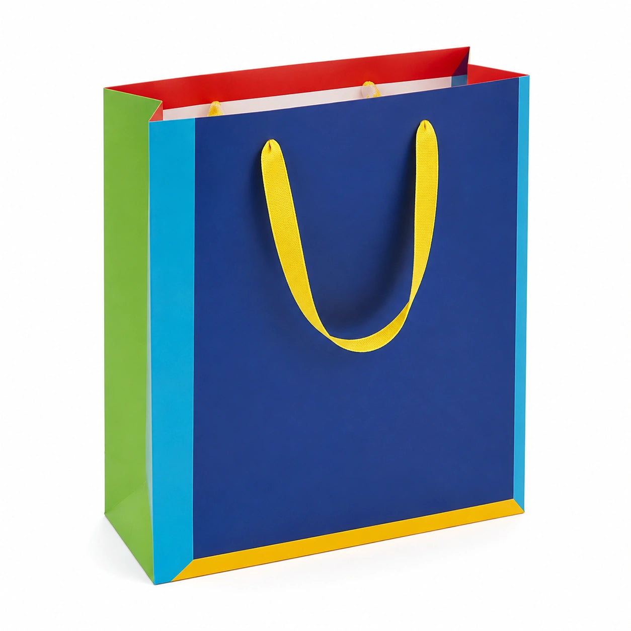 Sac cadeau 26 x 12 x 32 cm en papier bleu vert rouge jaune à poignées ruban
